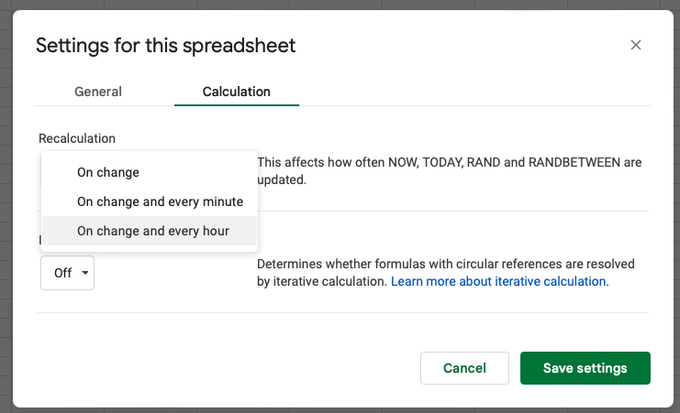 Google Sheets refresh interval settings menu